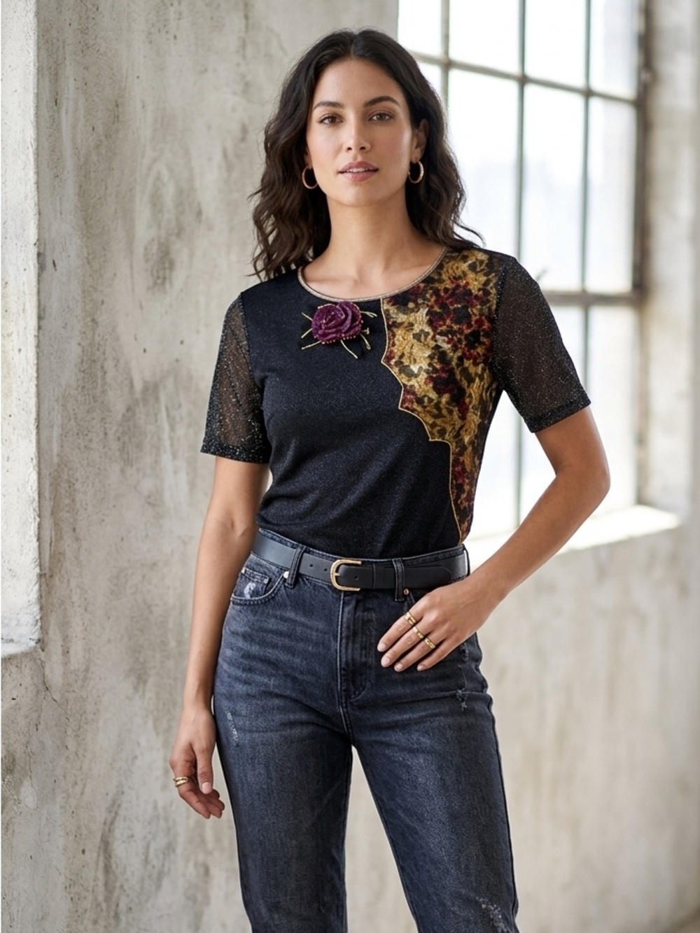 Solstice Black Short Sleeve Top with Gold and Burgundy Floral Detail